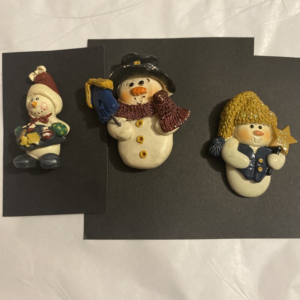 3x Vintage Christmas Brooch Snowman with Cookies Resin Top Hat‎ Lapel Pin